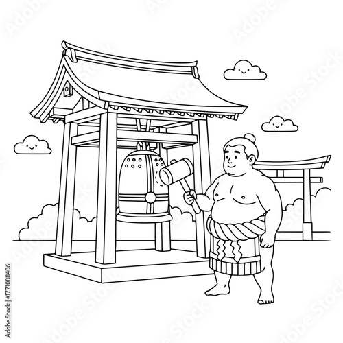 Respectful sumo wrestler ringing temple bell, simple peaceful coloring page for toddlers Generative ai