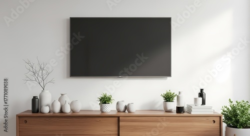 Stylish living room setup featuring flat TV on wall and wooden cabinet with home decor in bright minimalist design.