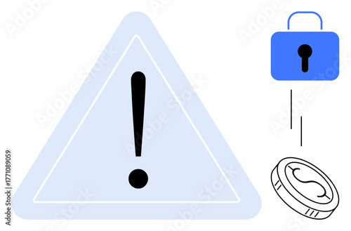 Large exclamation inside triangle emphasizes caution. Blue lock symbolizes data safety. Coin references finances. Ideal for cybersecurity, risk management, online safety, digital finance, fraud