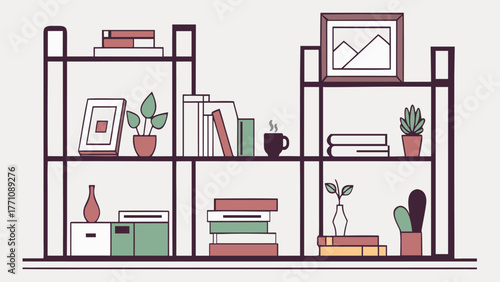 Minimalist Bookshelf Display with Books Plants and Frames shelves picture frames