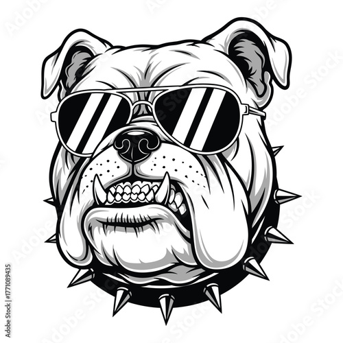 Bulldog wearing reflective sunglasses with spiked collar illustration