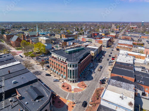 Historic commercial buildings aerial view on Monroe Street in historic downtown Monroe, Michigan MI, USA. 