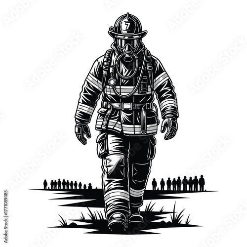 Brave firefighter walking past silhouetted crowd in dramatic black and white art