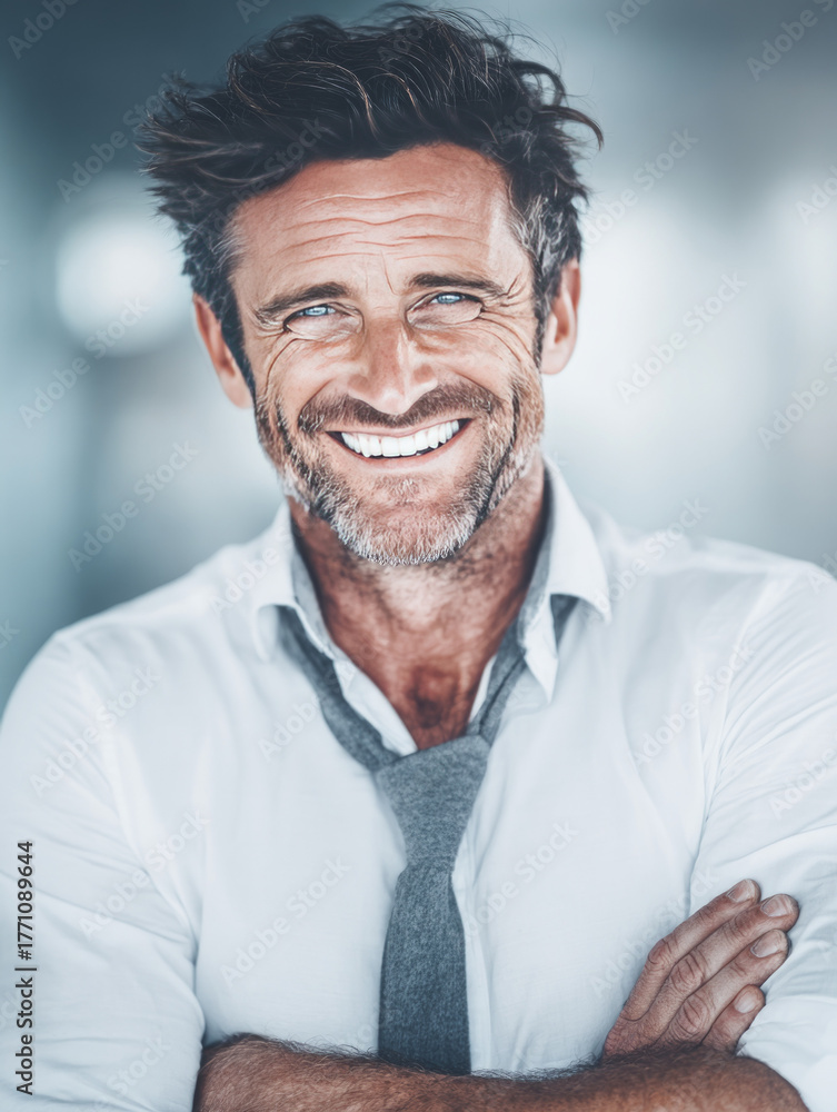 Fototapeta premium Friendly mature man with beard smiling confidently in casual shirt and tie, showing approachable demeanor, professional appearance, and positive attitude outdoor