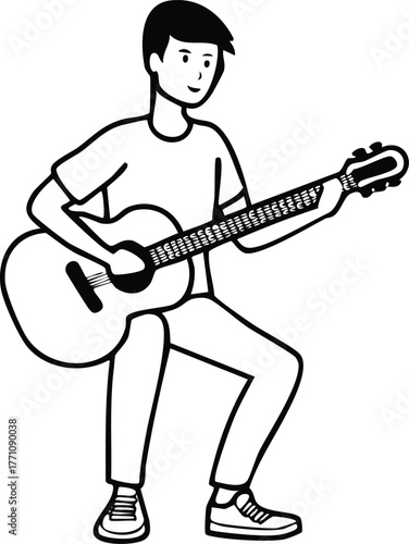 Simple vector illustration of a young man playing an acoustic guitar, symbolizing a musical hobby and creative expression. Ideal for icons, web designs, and educational materials
