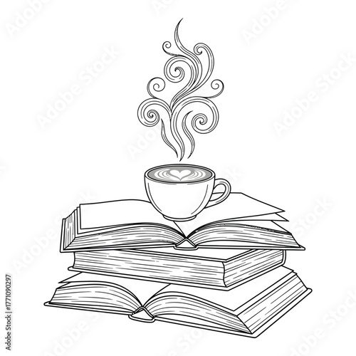 Open book with coffee cup and steam