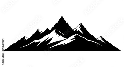 Black and white mountain range silhouette with snow capped peaks and a flat horizontal base line view