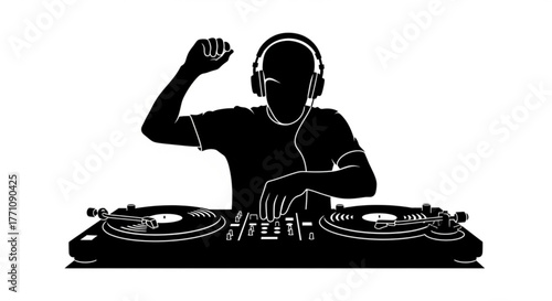 Silhouette of a dj with headphones mixing music on turntables with raised fist in the air