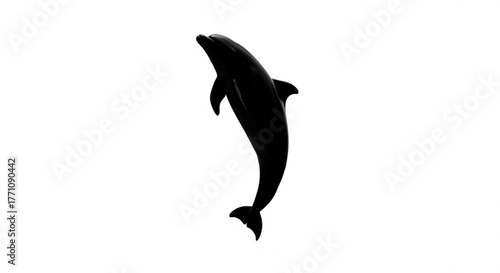 Silhouette of a dolphin leaping upwards in a graceful pose against a plain white background view
