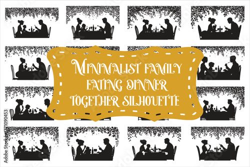 Elegant minimalist family eating dinner together silhouette in black and white.