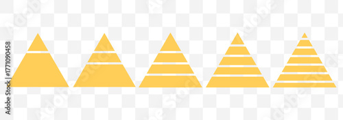Levels of triangular pyramid. Triangle pyramid chart. Maslow layer diagram. Development level infographic. Business graph. Tree set of pyramid infographic icon.