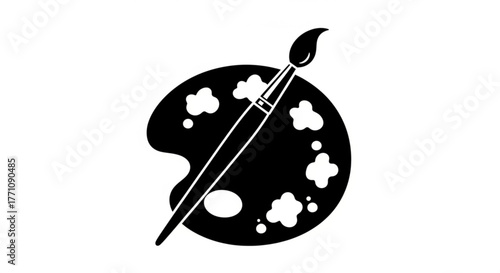Black and white illustration of a paint palette with blobs of paint and a paintbrush lying across it