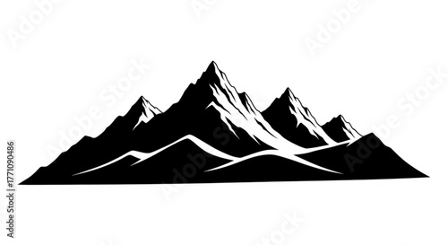 Illustration of a mountain range with snow capped peaks in black and white landscape design with multiple peaks