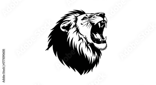 Illustration of a roaring lion head with detailed mane in black and white design graphic representation