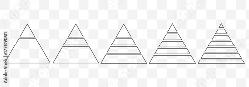 Levels of triangular pyramid. Triangle pyramid chart. Maslow layer diagram. Development level infographic. Business graph. Tree set of pyramid infographic icon.