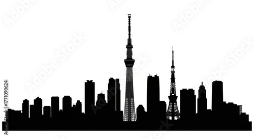 Silhouette of a city skyline with prominent towers and buildings against a white background view image