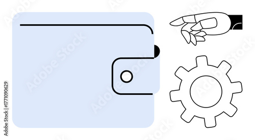 Wallet signifies finance, robotic hand represents automation, cogwheel suggests systems. Ideal for innovation, fintech, AI, automation, digital transformation economy and teamwork themes. Simple