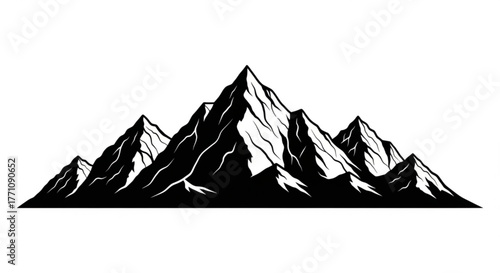 Illustration of mountain range silhouette with jagged peaks in black and white landscape view