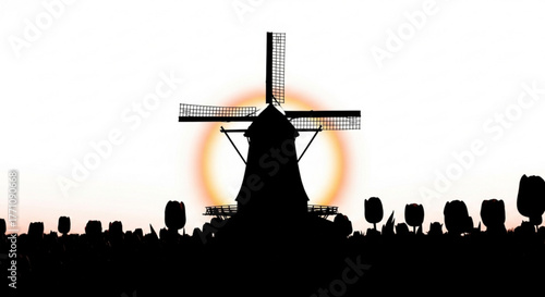 Silhouette of a windmill surrounded by tulips against a bright sky with a halo effect in the background