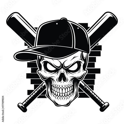 Skull wearing baseball cap with crossed bats vector illustration
