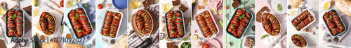 Fotografie Collage of tasty ratatouille on table, top view