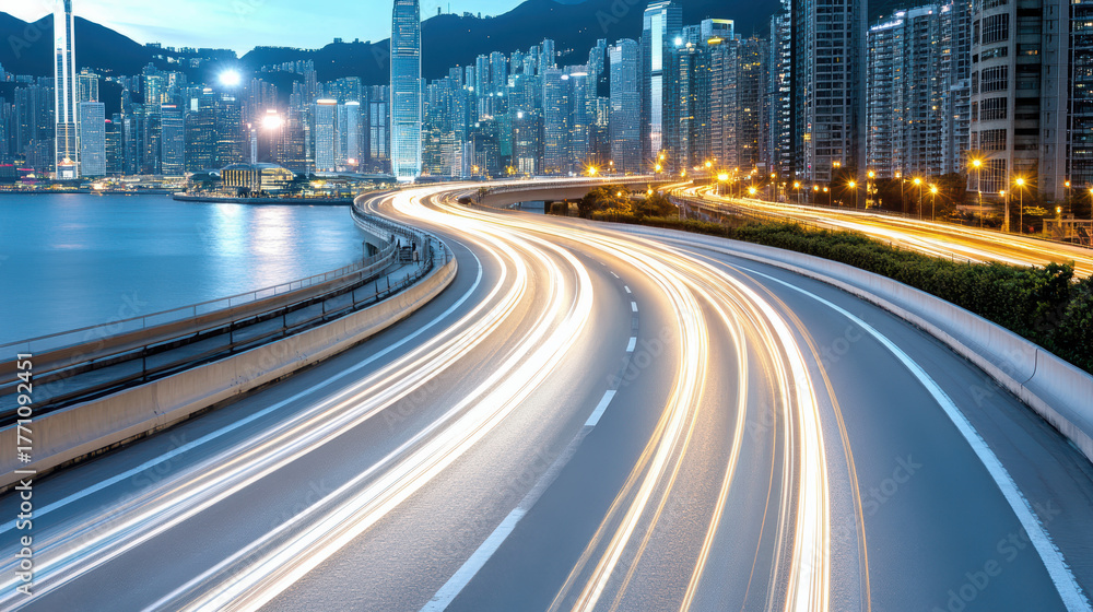 Fototapeta premium City skyline, light trails, urban landscape, night scene, tranquil energy