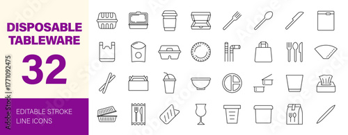 Disposable tableware icon set. Editable line icons. Vector illustration.