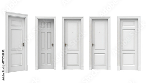 Wallpaper Mural Five vertically aligned, white interior doors in various styles, facing forward against a black background Torontodigital.ca