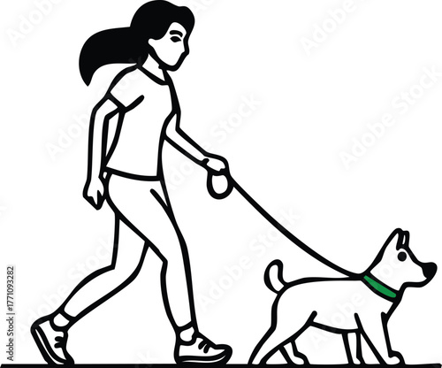 A person walking a small dog on a leash outdoors, illustration of pet companionship