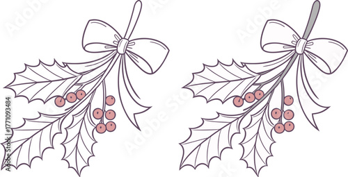 Christmas holly leaves and berries with ribbon bow festive holiday decoration vector.
