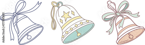 Hand-drawn Christmas bells with ribbons  festive holiday vector.