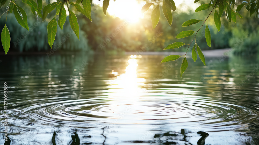Naklejka premium Serene water surface reflecting sunlight with gentle ripples and lush green leaves