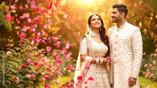 indian wedding couple joyfully standing among falling rose petals