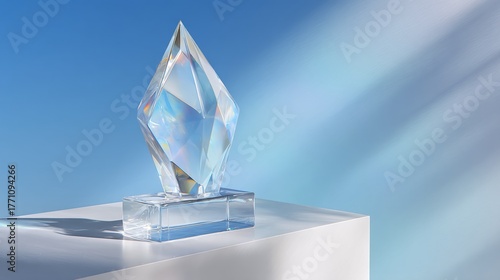 Stunning crystal trophy gleams with prismatic light on a modern pedestal, symbolizing achievement and excellence against a serene blue backdrop.