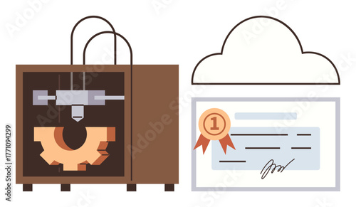 3D printer creating a gear component, digital certificate with cloud interface representing verification. Ideal for technology, innovation, industry 4.0, manufacturing, automation, quality simple