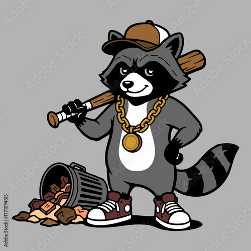 Cool cartoon raccoon with baseball bat and gold chain is a fun, edgy mascot for your brand or project with a playful, rebellious attitude, ready for anything