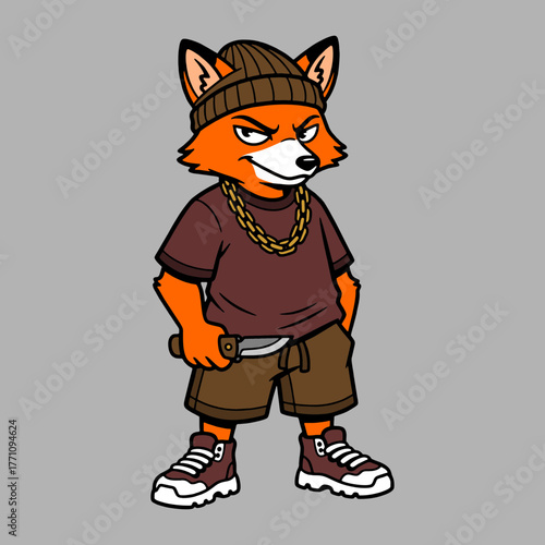 Gritty cartoon fox character with a beanie, gold chain, and knife conveys street smarts and edgy style for urban art, brand mascots, or cool designs.