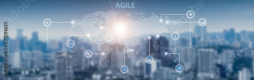 Agile methodology and global network connection, workflow management, software development, project sprint, collaboration, and process optimization.