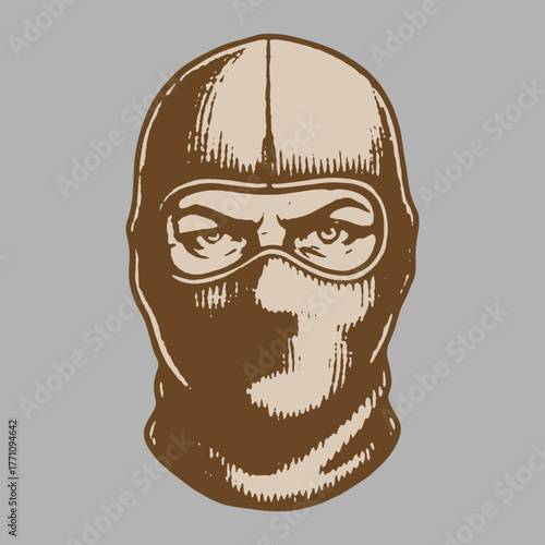 Intense masked figure with determined gaze, evoking mystery, espionage, or rebellious spirit, perfect for action, security, or suspense themes