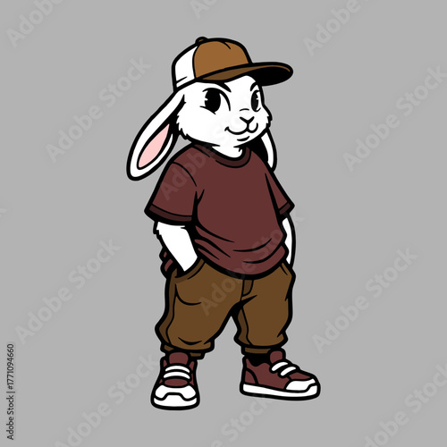 Cool rabbit character with a cap and streetwear, perfect for urban designs and fun projects, edgy cartoon style, trendy and modern bunny mascot illustration