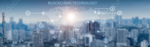 Fotografía Blockchain technology and global network connection, digital ledger, cryptocurrency, smart contracts, secure transactions, and decentralized systems