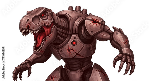 Fierce robotic dinosaur roaring with glowing red eyes and metallic armor, ready for action and battle