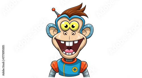 Excited robotic monkey with wide grin and big eyes, ready for adventure, perfect for playful branding and futuristic concepts