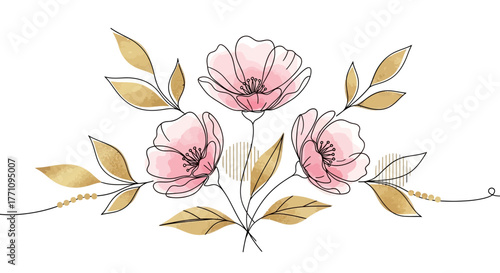 Elegant One Line Floral Art – Pink Watercolor Flowers with Gold Accents