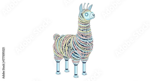 Whimsical robot llama art with colorful threads and futuristic metallic legs, perfect for creative projects and unique designs