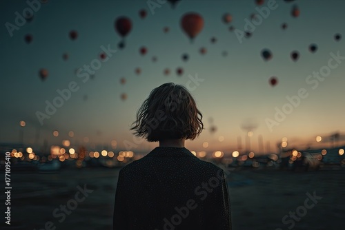 Woman watches hot air balloons at twilight