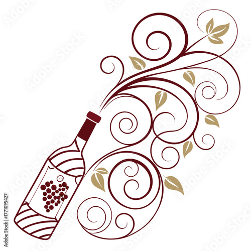 Wine bottle with swirling vines and grapes illustration vector