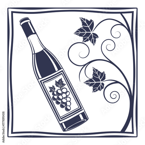 Wine Bottle with Grapes and Vine Border in Dark Blue leaves