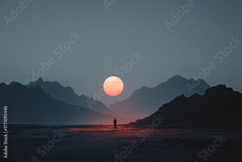 Silhouette figure, vast landscape, and large moon