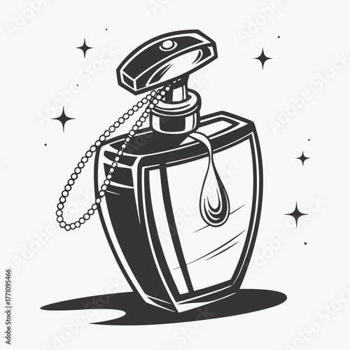 Perfume bottle with droplet and sparkling stars fragrance scent